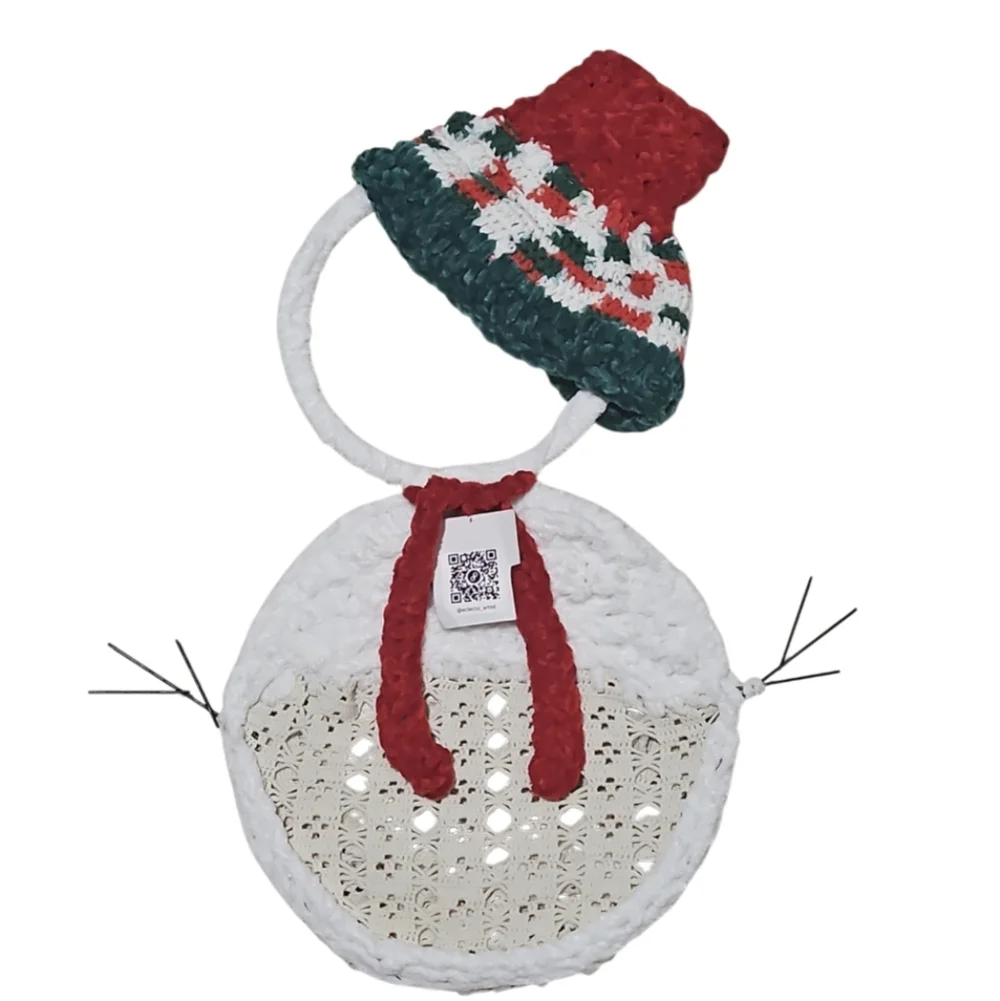 Hand Crafted Crochet Wire Frame Snowman Christmas Decor Handmade Holiday Wreath